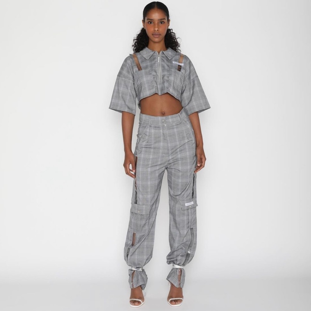 MY MUM MADE IT Plaid PVC Strip Crop Tee + Plaid PVC Strip Pants